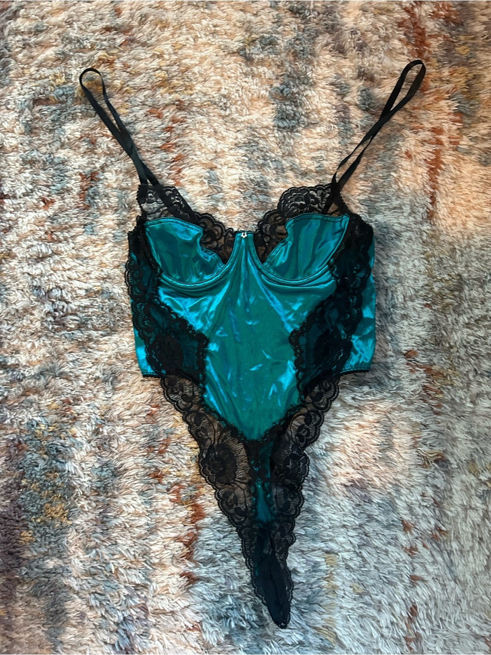 Vintage Teal Satin & Black Lace Bodysuit